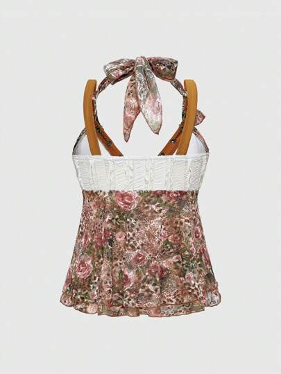 Hippie Accesorios de metal en forma de cruz, estilo Gyaru de resort Y2K Harajuku Baddie, y top sin mangas con parches de encaje y estampado de leopardo para mujeres