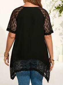 EMERY ROSE Plus Size Women Casual Contrast Lace Short Sleeve Top