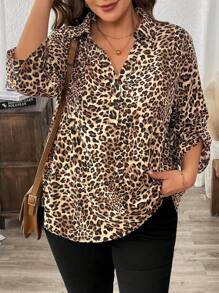 SHEIN LUNE Plus Size Leopard Print Mid-Sleeve Shirt - Multicolor - View 5