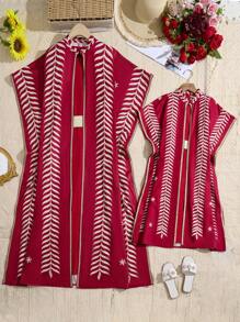 SHEIN Wine Red Women's Elegant Printed Long Dress With Long Jacket And Belt, 3-Piece Set,Modest - Burgundy - View 8