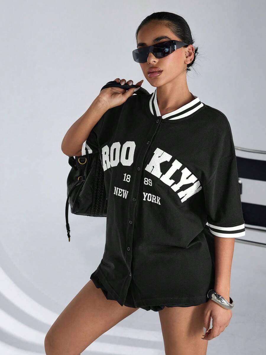 RueChic Letter Graphic Striped Trim Drop Shoulder Tee - Black - View 1