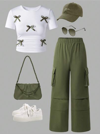 SHEIN ChillGRL 2pcs/Set Tween Girls Tight White T-Shirt With 3D Bow Decor & Cargo Pants With Pleated Pockets, School, Campus, College