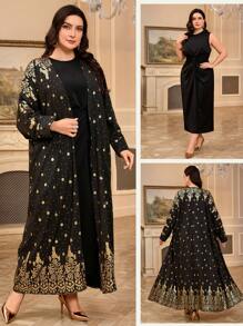 Al Najma Plus Size Women Arabic Foil Floral Print Long Sleeve Abaya Dress & Gown Set - Purple - View 1