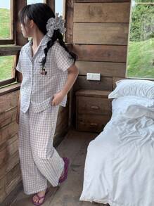 DAZY Tween Girl' Short Sleeve Plaid Embroidery Soft Home Dress, Spring/Summer