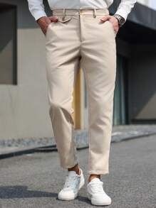 Manfinity Mode Plus Size Men's Casual Solid Color Pocket Straight-Leg Casual Dress Pants, Suitable For Commuting - Khaki - View 1