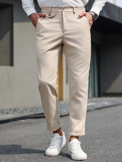 Manfinity Mode Plus Size Men's Solid Color Pocket Straight-Leg Casual Dress Pants, Suitable For Commuting Casual Pants For Men Men Clothing Men Pants