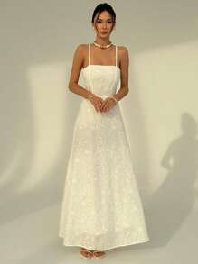 Aloruh New Arrival Pure White Backless Spaghetti Strap Embroidered Flowy Long Dress, Slim Fit Vacation/Beach Party Dress, Spring/Summer - White - View 1