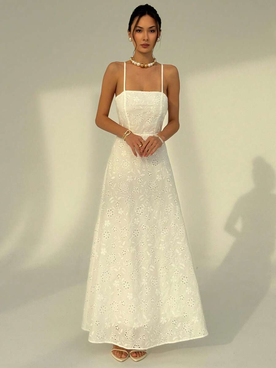 Aloruh New Arrival Pure White Backless Spaghetti Strap Embroidered Flowy Long Dress, Slim Fit Vacation/Beach Party Dress, Spring/Summer - White - View 1