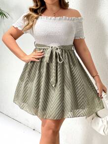 SHEIN Essnce Plus Size Women Spring/Summer White & Green Contrast Color Off-Shoulder Mesh Long Dress - Multicolor - View 5