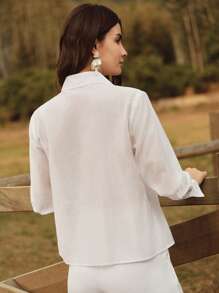 Anewsta 女士蕾丝贴花领宽松衬衫，节日外出 - 白色 - 查看 2