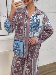 Seusyu 2pcs Women Patchwork Print Long Sleeve Shirt & Long Pants Set - Multicolor - View 3