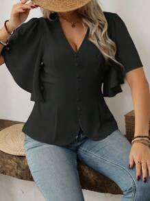 Vionelle 大码女式优雅法式时尚通勤休闲度假 V 领纽扣装饰腰部喇叭袖短袖衬衫，春夏 - 黑色 - 查看 3