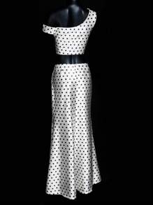 SHEIN ICON Satin Polka Dot Print One-Shoulder Top And Low Waist Skirt Set - Black and White - View 7
