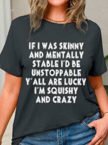 SHEIN LUNE Plus Women's Slogan Graphic Summer Dark Grey Crew-Neck T-Shirt Graphic Tees Women Tops - Grey - View 3