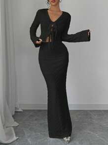 Elenzga 2pcs Set: Textured Lace-Up Long Sleeve Top And A-Line Skirt, Minimalist & Fashionable, Suitable For Summer Fall Cloth For Women - Black - View 3