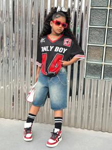 SHEIN Tween Girls' Casual Street Style Sports Letter & Number Print Mesh T-Shirt, Spring/Summer - Black - View 3