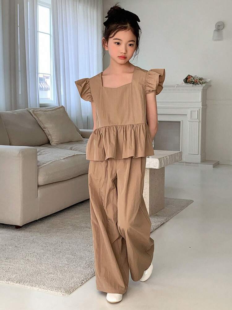 2pcs Tween Girl) Woven Solid Color Short Sleeve Top And Wide Leg Pants Set, Spring/Summer