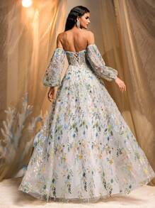 Glamrae 优雅多色浪漫华丽定位网眼刺绣管（可拆卸）灯笼长袖超大 A 字裙，配有可调节肩带，适合约会、海滩度假、生日、成人仪式、派对、毕业返校季、婚礼活动、婚礼宾客、晚宴舞会礼服、正式礼服、晚礼服、礼服 - 彩色 - 查看 4