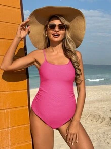 SHEIN Maternity Ribbed Elegant Backless One-Piece For Summer Beach Vacation - Hot Pink - View 4