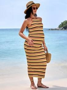 SHEIN Vestido de maternidad entallado sin espalda a rayas casual de vacaciones