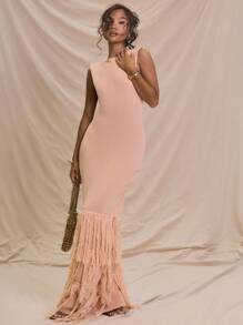 MUSERA 无袖罗纹长款毛衣连衣裙，荷叶边毛边下摆细节，适合夏季度假、婚礼、毕业典礼、舞会、生日等场合，优雅百搭，适合秋季夜晚外出、秋冬季日常穿着。 - 粉色 - 查看 1