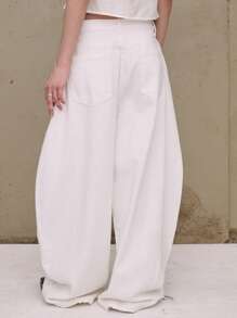 COUREZ Celana Jeans Unisex Wanita Pria Model Y2K Model Barrel Balloon Fit Low Rise Vintage 100% Katun - Putih - View 3