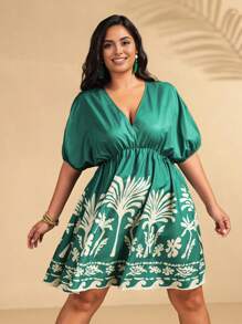 Breezaya 大码女式棕榈树印花蝙蝠袖休闲连衣裙