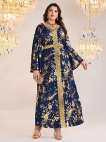 Al Najma Vestido largo de estilo árabe con estampado de lámina de oro y mangas acampanadas para mujer de talla grande
