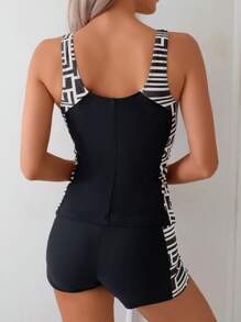 Swim Lushoire 2 件套女士夏季新款分体式卡其色几何随机印花无袖适度泳衣，带褶皱腹部设计，保守泳衣短裤，适合游泳、海滩、冲浪