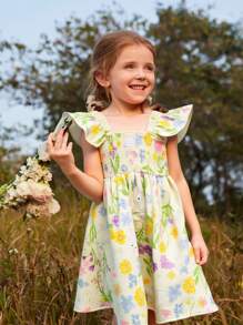 Souflis Souflis Vestido de princesa con estampado de conejos y flores, con mangas cortas, para niñas - Nuevas llegadas de primavera/verano para niñas