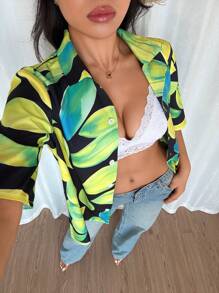 Breezaya 女士热带植物叶印花度假衬衫 - 綠色 - 查看 7