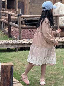 DAZY Tween Girls Mid-Long A-Line Lace Patchwork Solid Color Princess Round Neck Long Sleeve Tween Girl Dress Vacation - Pink - View 2