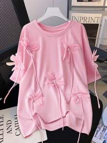 Elenzga 大码女式 3D 花卉装饰圆领短袖休闲 T 恤 - 粉色 - 查看 6