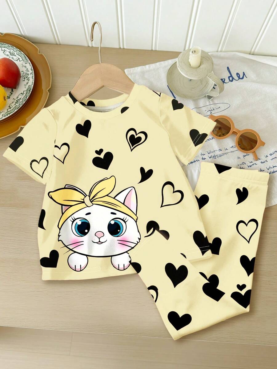 SHEIN 女宝宝休闲简约卡通猫咪印花贴身圆领短袖长裤睡衣，适合夏季 - 彩色 - 查看 1