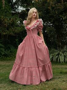 SHEIN X Hannahelzahed SHEIN MOD Váy xếp ly tay bồng họa tiết kẻ caro - Nhiều màu - Xem 4