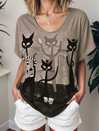 INAWLY Plus Size Women Casual Loose V-Neck Cat Print Short Sleeve T-Shirt