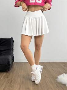 Coolane 适合日常穿着的女士纯色不对称腰带瑜伽短裙 - 白色 - 查看 6