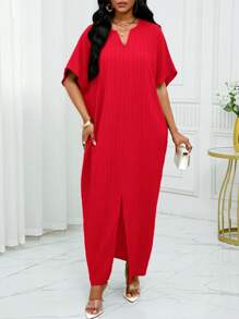 SHEIN Lady 女士纯色 V 领蝙蝠袖休闲连衣裙 - 紅色 - 查看 5