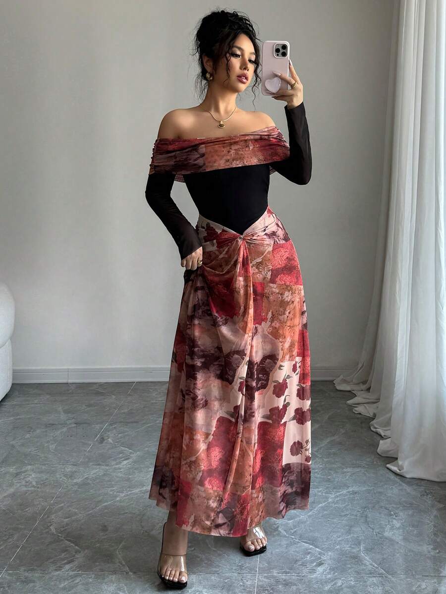 Rafferiza 优雅浪漫性感修身露肩长裙 - 橘色 - 查看 1