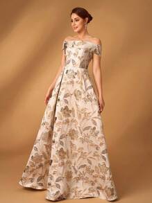 Serin Elegant And Luxurious Champagne Gold Jacquard Satin One-Shoulder Pleated Large A-Line Suitable For Dinner Bachelorette Party Dance Music Festival Holiday Wedding Event Dinner Dress Bride Mother Dress - Champagne - View 7