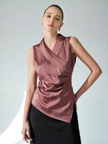 SHEIN Privé Áo vest không tay cổ bẻ bất đối xứng dành cho nữ - màu nâu - Xem 2