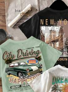 SHEIN Camiseta de manga corta de cuello redondo con gráfico de paisaje casual para niños, apropiada para el verano - Multicolor - Ver 4