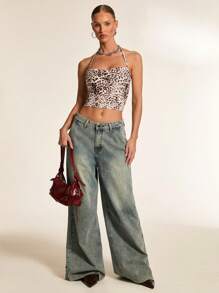 Glamine Top canotta attillato con collo ad aletta a stampa leopardata per donna