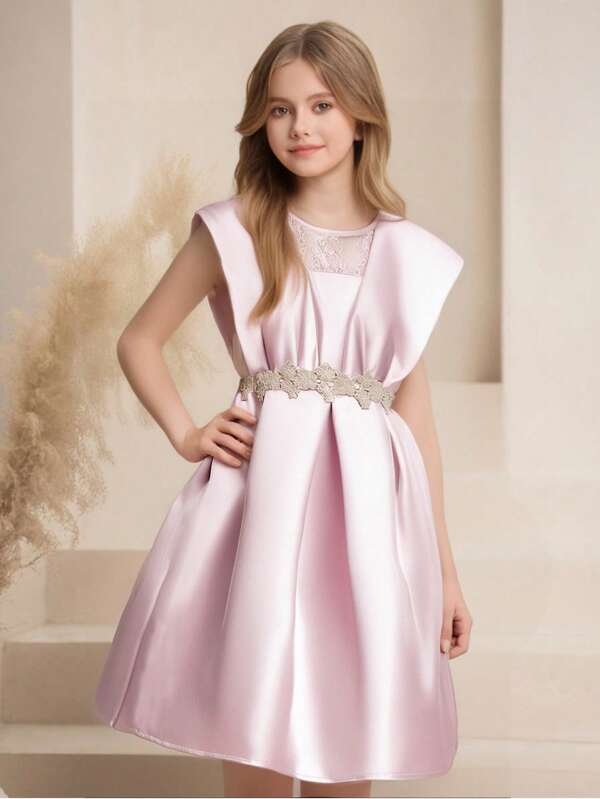 Tween Girls' Elegant Lace Patchwork Pleated Golden Floral Hem Dress, Luxurious Children Princess Dress Outfit
