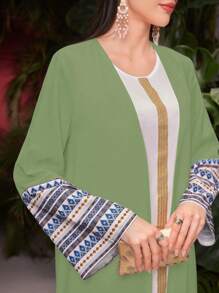 Al Najma Women's Modest Maxi Abaya Dress: Elegant Green Woven Fabric With Long Sleeves, Round Neck, And Ornate Tape Details,Robe - Green - View 5