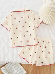 SHEIN Vintaside Kids 2pcs Young Girls Cherry Cute Pattern Color Block Button Decor Short Sleeve Top And Shorts Pajamas Set - Multicolor - View 2