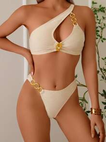 SHEIN Swim Women Beach Summer Outfits New Arrival Textured Material Metal Ring Decor Asymmetric Neck Design Bikini Set - Beige - View 4