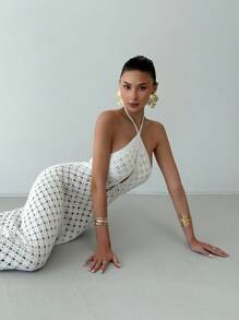 Aloruh New Summer Crochet Dress, Romantic Beach Resort Sexy Hollow Out Crochet Long Dress, Solid White Color Slim Fit Floor Length Beach Cover Up Dress - White - View 2