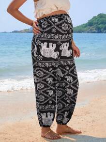 SHEIN Spodnie Harem Retro Print dla kobiet w ciąży na wakacje na plaży