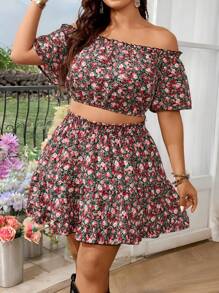 SHEIN VCAY 满身花卉印花露肩短款上衣和荷叶边下摆半身裙 - 紅色 - 查看 1
